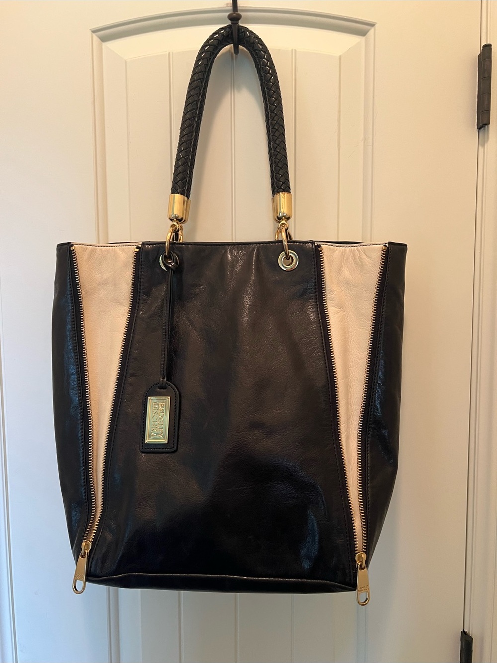 Badgley Mischka Black/Ivory Expandable Leather Tote with Braided Handles